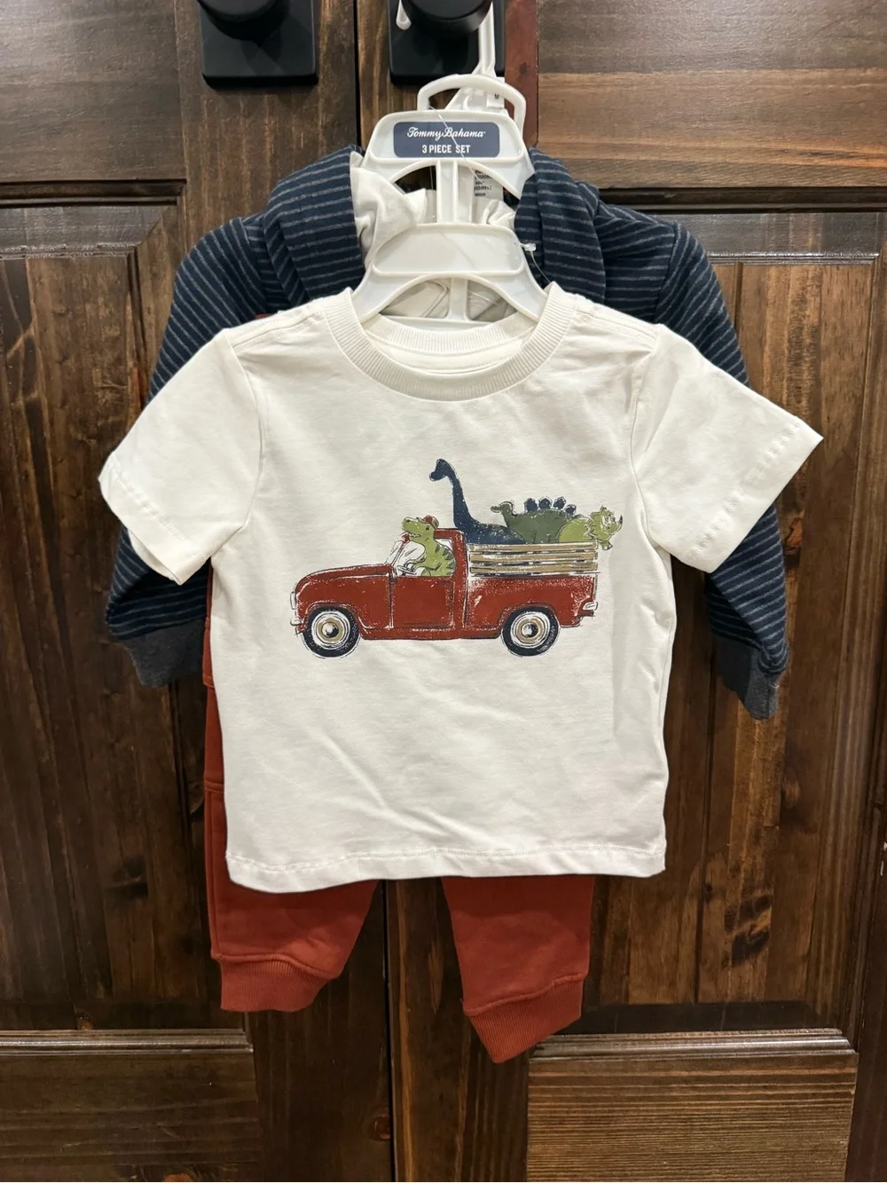 Cream Tee with Red Truck & Dino Graphic